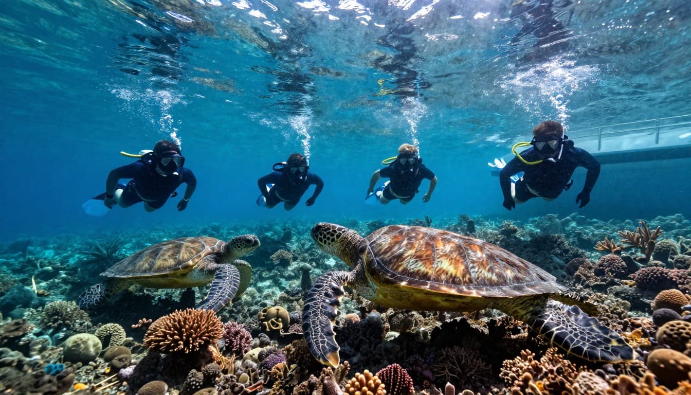 A group of four snorkelers swims near two Hawaiian green sea turtles at a vibrant reef in crystal-clear turquoise waters off Oahu, viewed from a boat deck in the distance with sunlight beams filtering through.