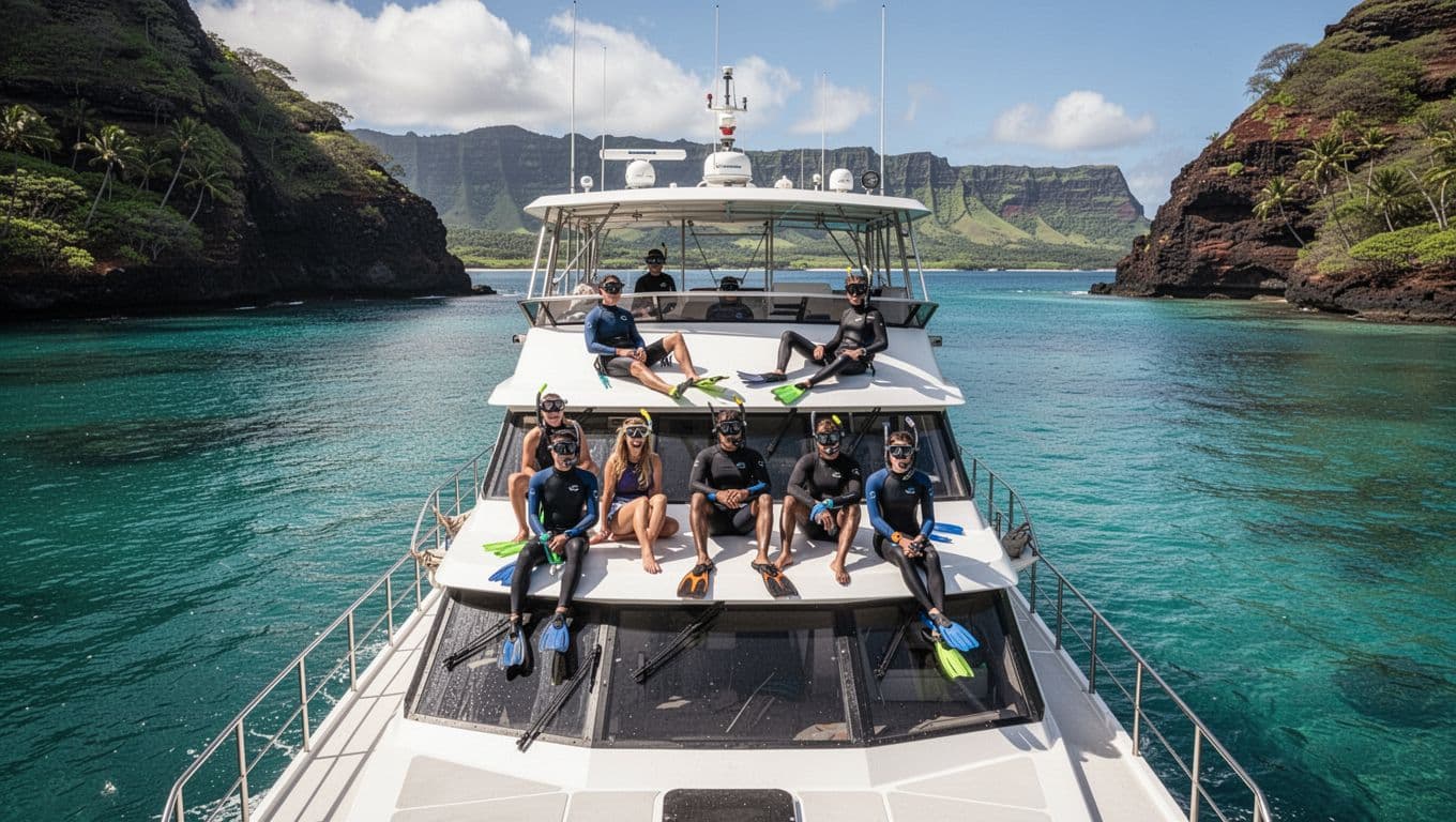 Divers sit on the wooden deck of a large double-decker boat while wearing masks and snorkels. The vessel floats in a calm Hawaiian bay under bright, clear sunlight with vibrant tropical colors.
