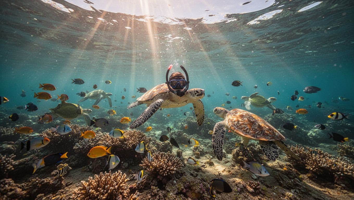 Snorkeler swims above coral reef with tropical fish and green sea turtles in turquoise waters.