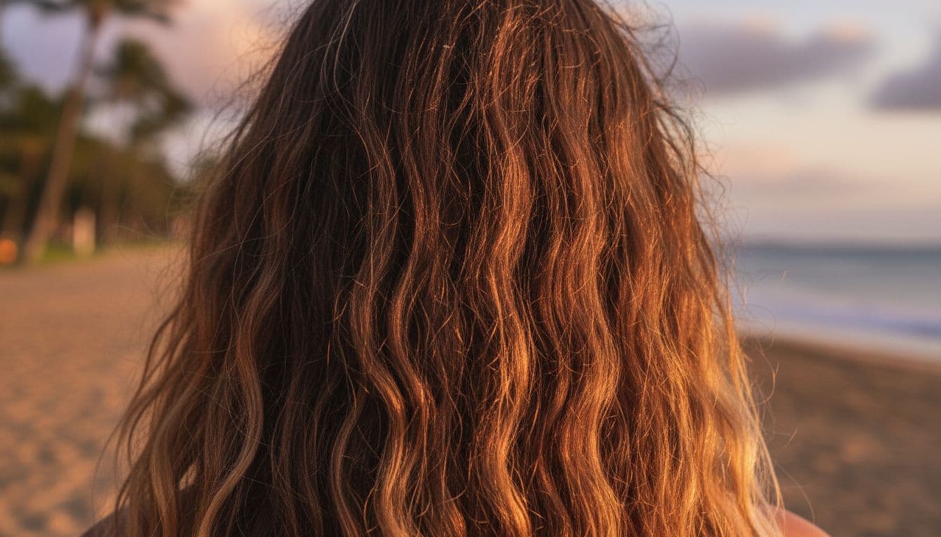 Close-up of woman's long wavy hair showing dryness, frizz, salt clumps, and sun-bleached tips against blurred beach sunset.