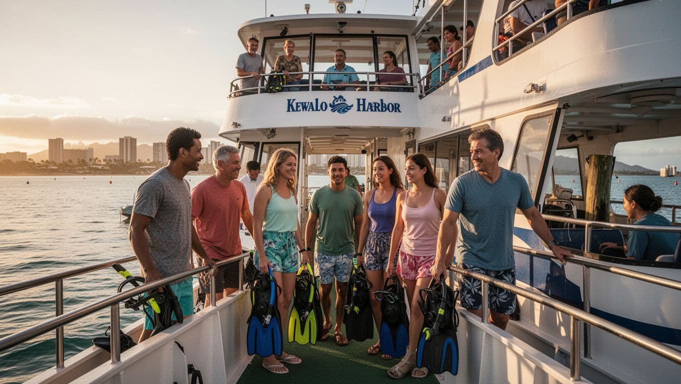 A double-decker tour boat like Lokahi departs Kewalo Basin for an Oahu snorkeling excursion as a relaxed family of six boards with snorkel gear amid calm morning ocean waters and Waikiki in the background, captured in cinematic style with dramatic lighting and strong contrast.