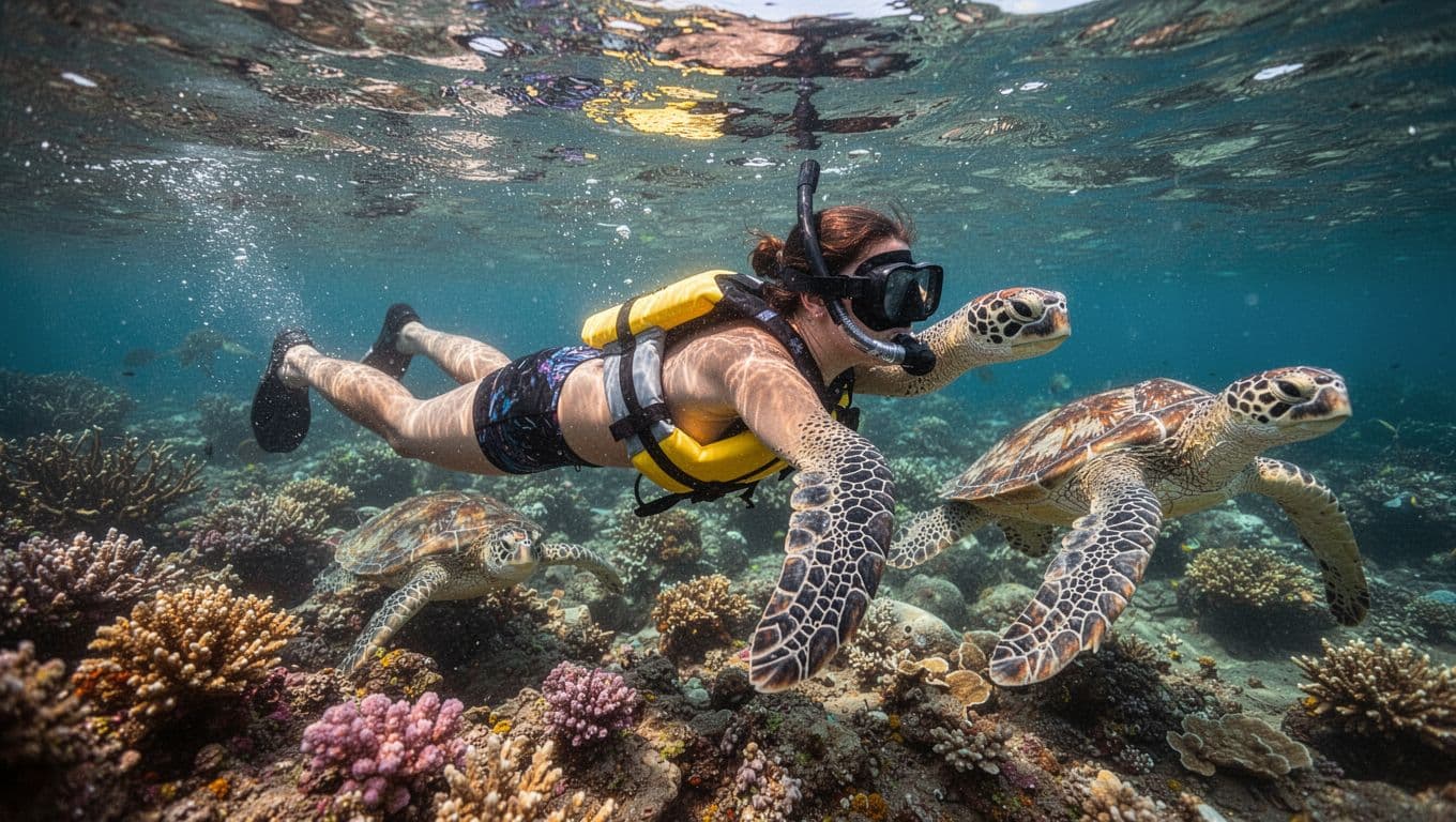 A confident snorkeler uses a slim float belt around their waist while swimming face-down in crystal-clear Oahu ocean waters, surrounded by colorful coral reef and two Hawaiian green sea turtles.