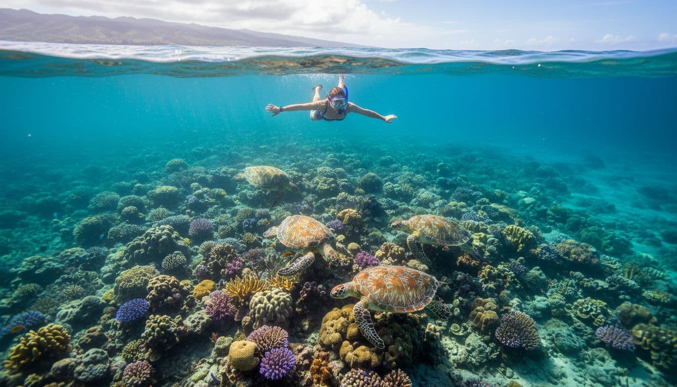 A first-time snorkeler floats relaxed in crystal-clear turquoise Oahu waters, viewing colorful coral reef and Hawaiian green sea turtles below amid dramatic sunlight beams.
