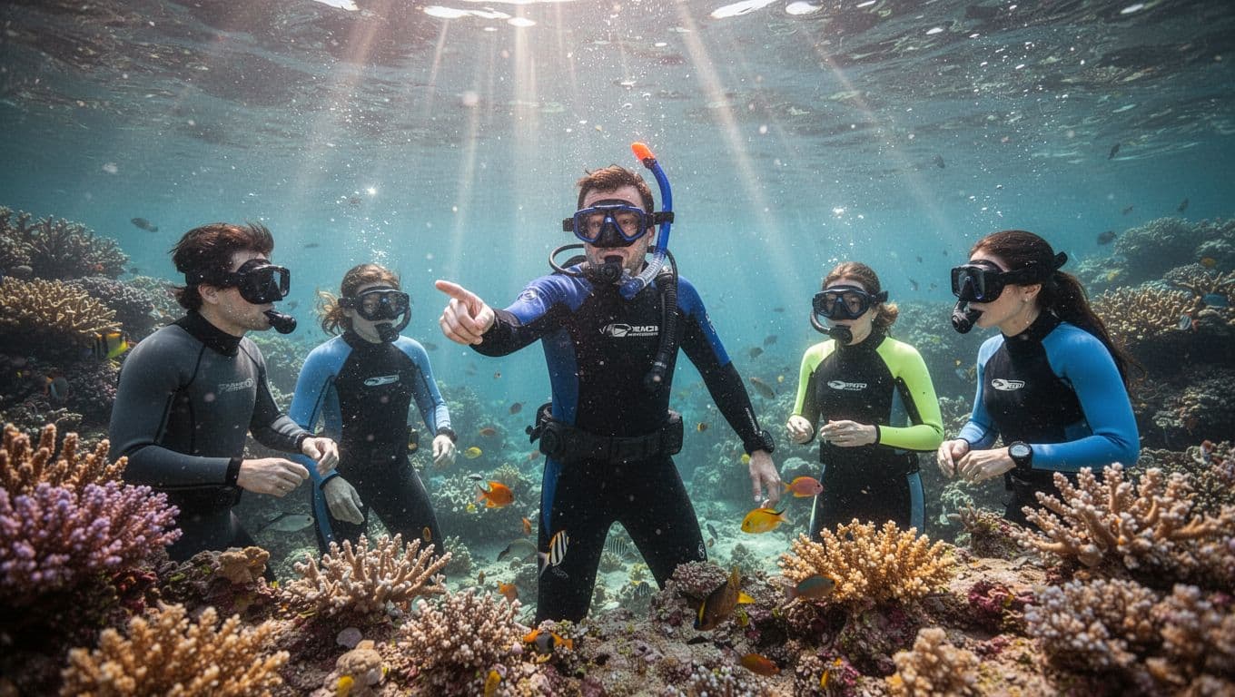 Tour guide in wetsuit points to marine life near coral reef for two guests in clear tropical water.