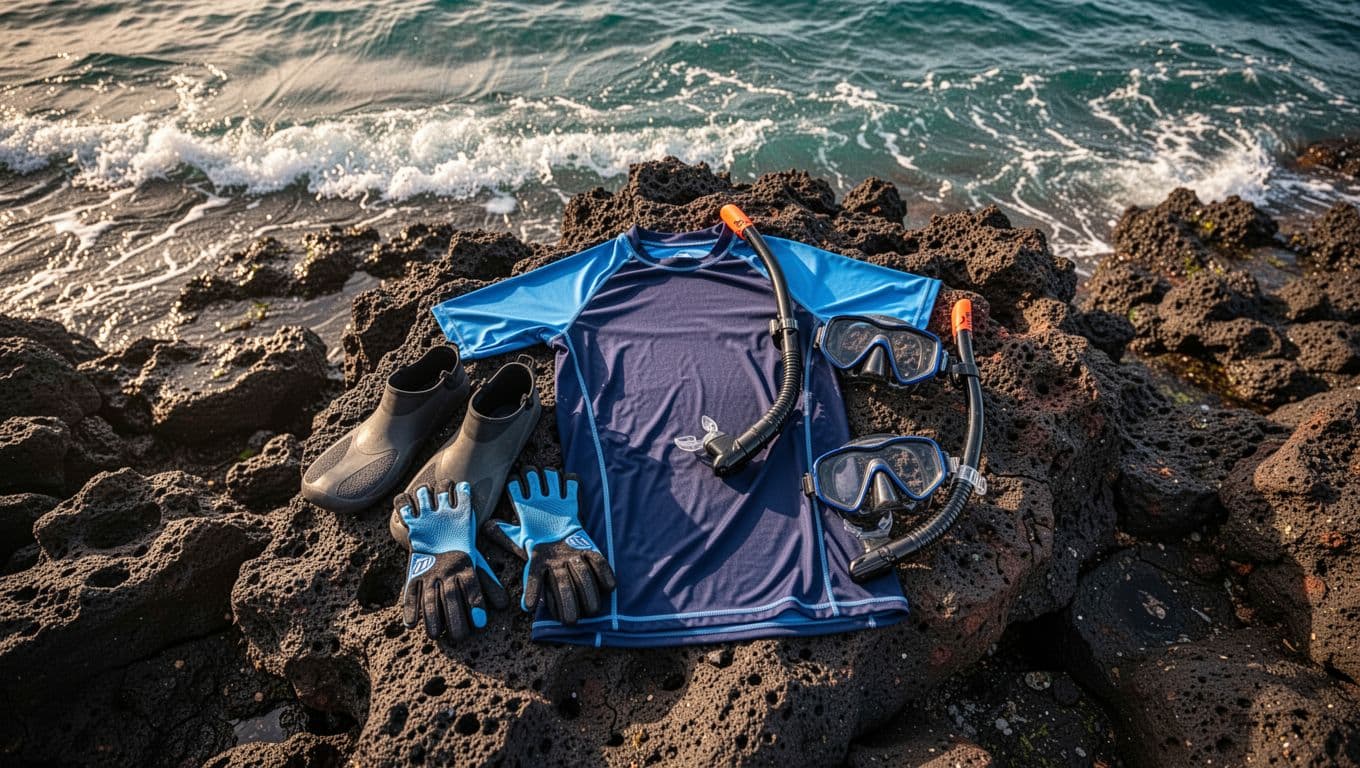 Closeup overhead view of snorkeling booties, gloves, rash guard, and mask on black lava rocks near Oahu ocean waves, in cinematic style with dramatic lighting and earthy ocean tones.