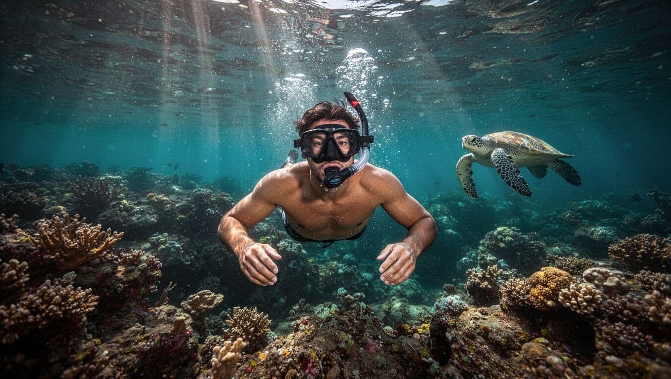 Cinematic underwater view off Oahu, Hawaii, showing one relaxed snorkeler with comfortable mouthpiece amid vibrant coral reef and distant green sea turtle in clear turquoise water.