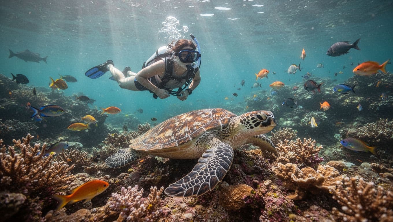 Snorkeler views resting green sea turtle on coral reef in turquoise water with sunbeams, fish, another snorkeler, and guide.