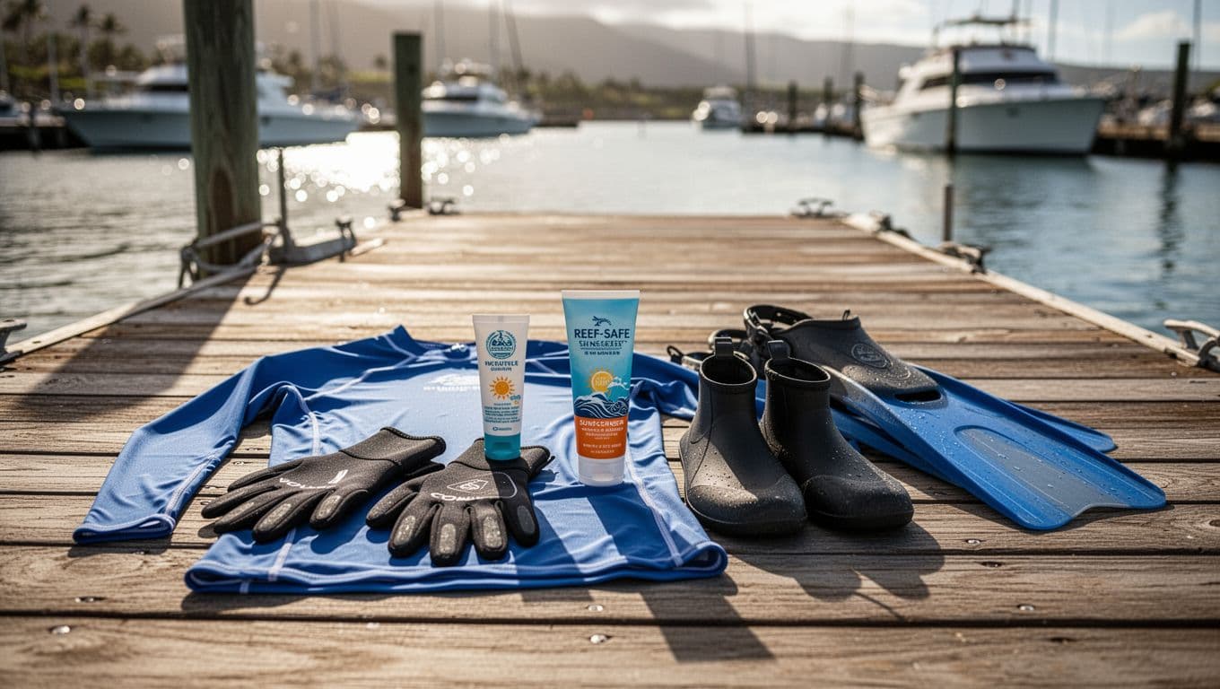 Neat arrangement of snorkeling protective gear for sensitive skin on a sunny Oahu dock, featuring long sleeve rash guard, neoprene gloves, booties, reef-safe sunscreen tube, and nearby fins with blurred harbor boats in cinematic style.