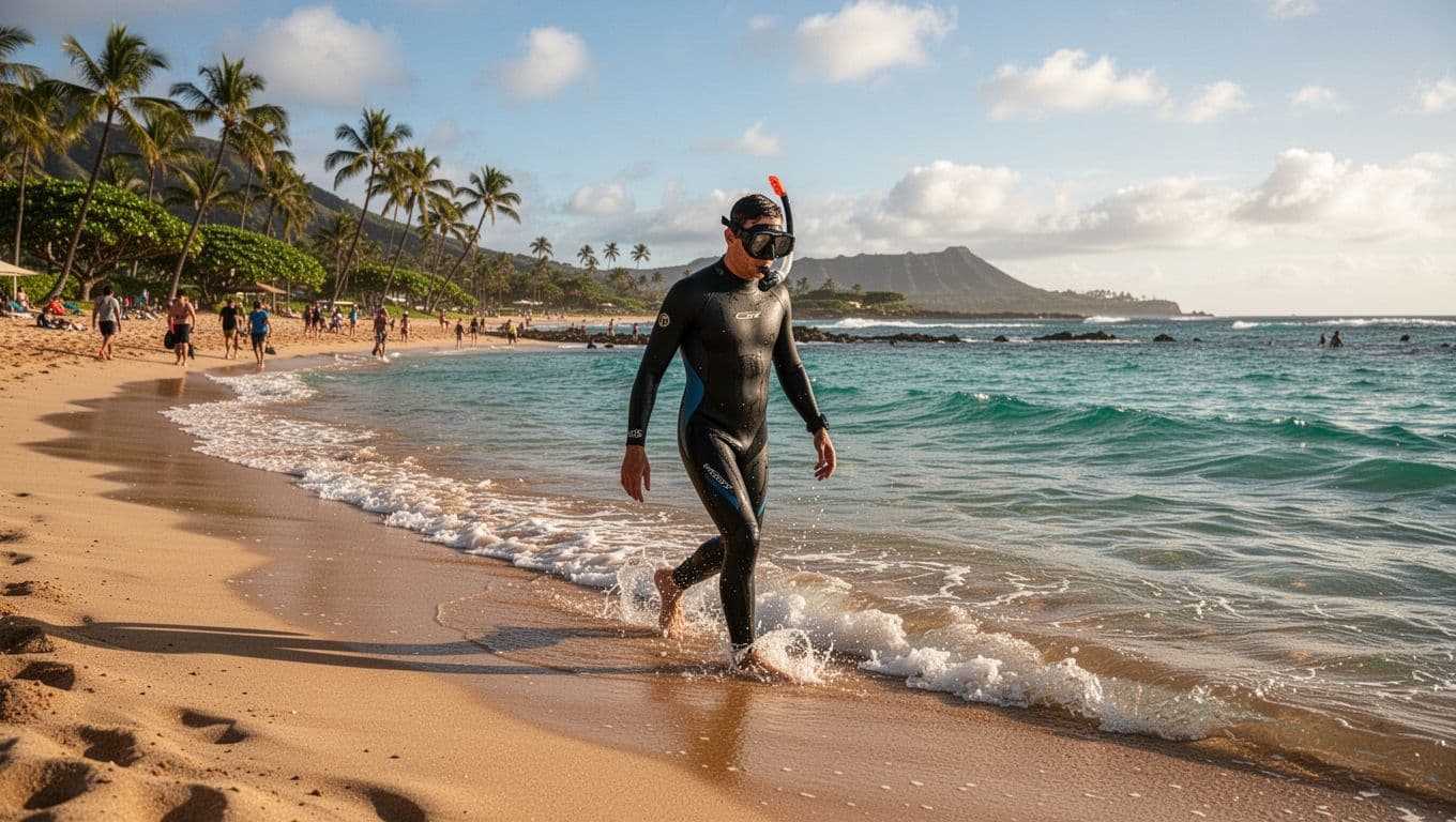 Snorkeler wades into shallow turquoise water from Oahu south shore beach with palm trees and gentle waves.