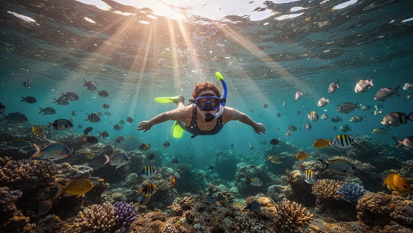 Solo snorkeler partially submerged in turquoise waters amid coral reefs and tropical fish, sunlight rays piercing surface.