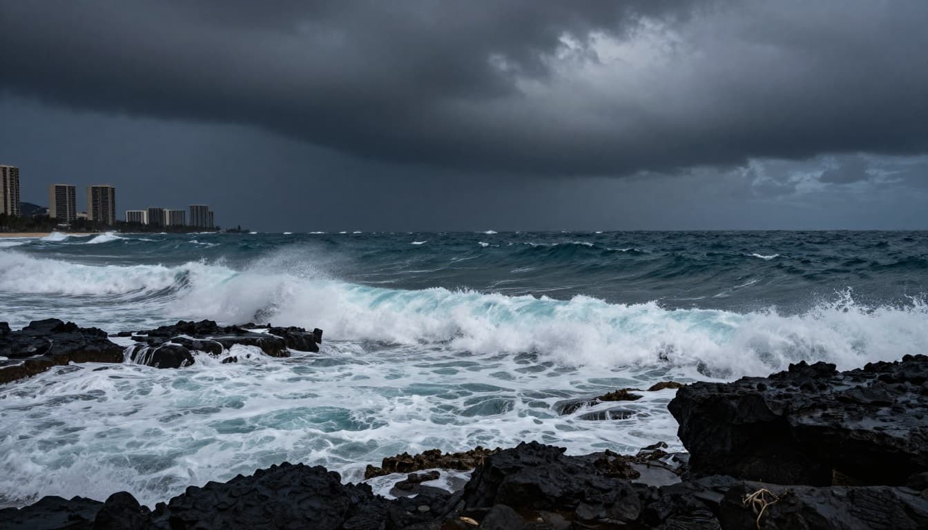 Turbulent ocean waves crash against rocky Oahu coastline under dark stormy clouds with white foam and distant Waikiki high-rises. Dramatic cinematic lighting illustrates rough seas causing tour cancellations.
