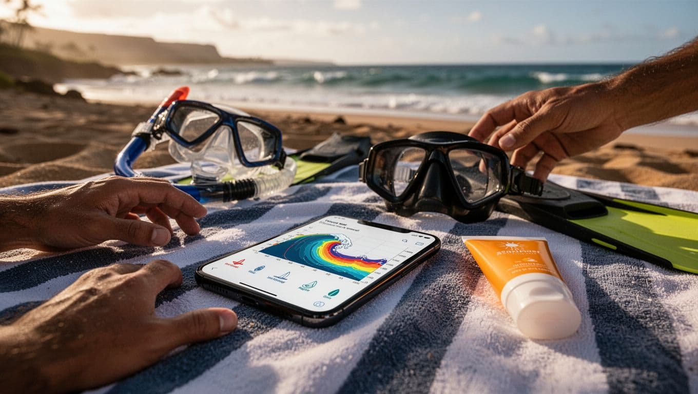 Smartphone screen shows surf report graphs on beach towel next to snorkel gear, sunscreen, and relaxed hands, blurred Oahu coastline behind.