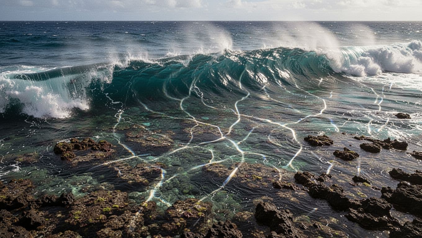 Moderate swell waves approach Oahu shore, revealing underwater rocky reef with sunlight caustic patterns.