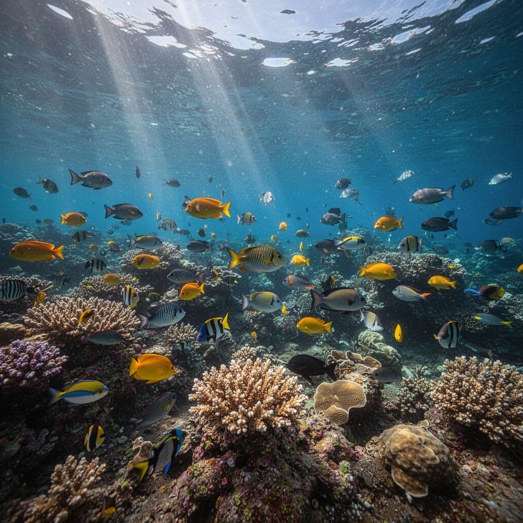Sunlight filters through clear blue water to illuminate a colorful coral reef and tropical fish.
