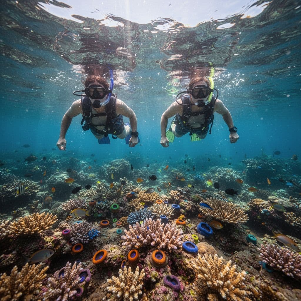 Sunlight filters through crystal clear blue water as snorkelers drift above a vibrant coral reef. Numerous fish swim among the jagged colorful coral structures deep beneath the calm ocean surface.