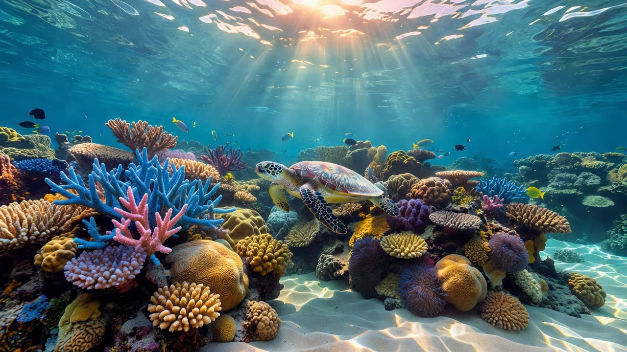 A graceful sea turtle glides over a vibrant coral reef in crystal clear turquoise water. The bright sunlight filters from the surface, highlighting the colorful ecosystem thriving beneath the ocean waves.
