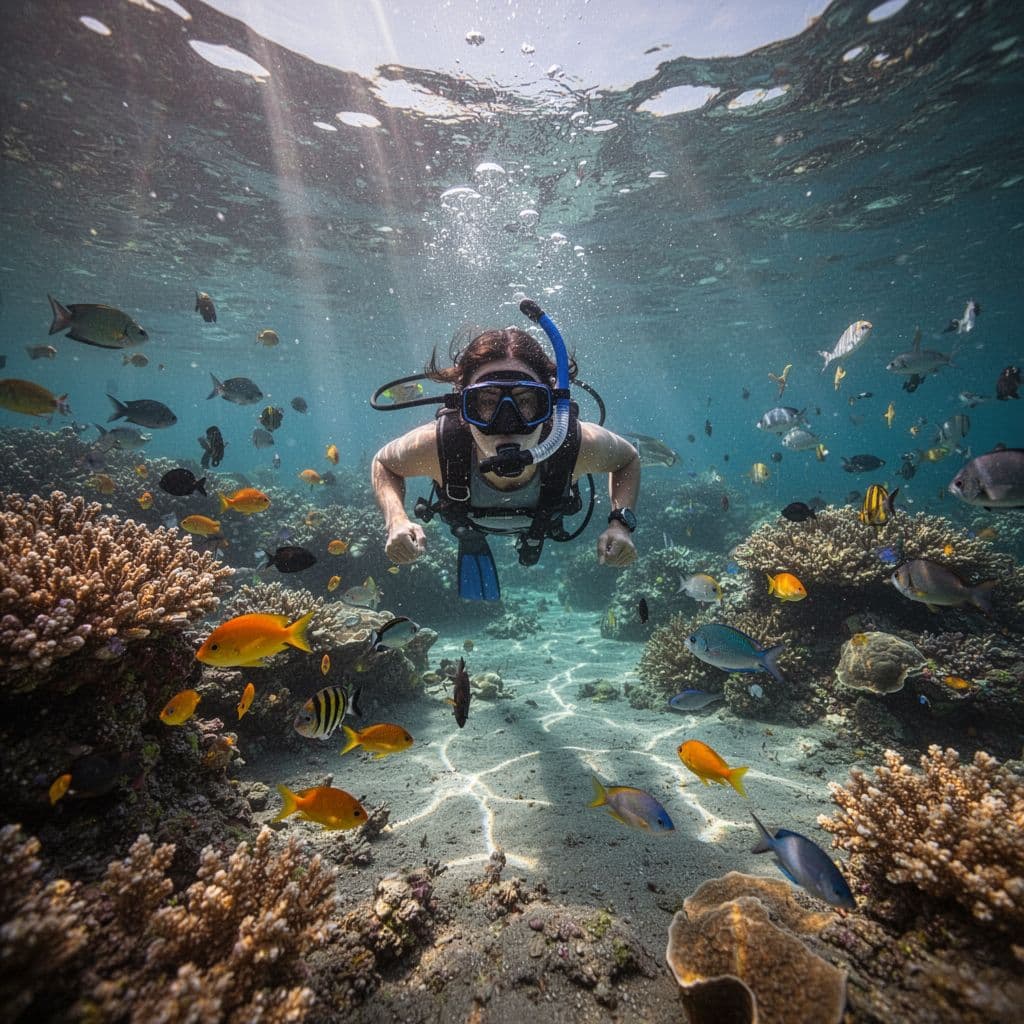 Vibrant tropical fish swim among intricate coral reef structures beneath the crystal clear blue ocean surface. Brilliant sunbeams penetrate the water, illuminating the seafloor and creating dramatic light patterns throughout.