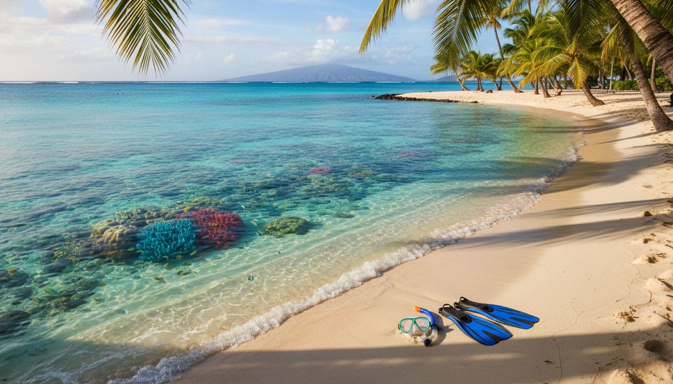 Turquoise lagoon reveals colorful coral reef underwater, gentle waves lap palm beach, snorkel gear on sand.