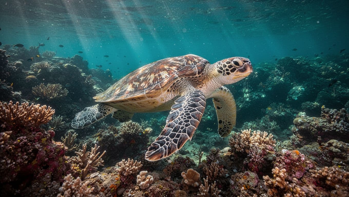 Large adult Hawaiian green sea turtle gliding gracefully near vibrant coral reef in clear turquoise waters of Turtle Canyon, Oahu, cinematic underwater scene with dramatic lighting.
