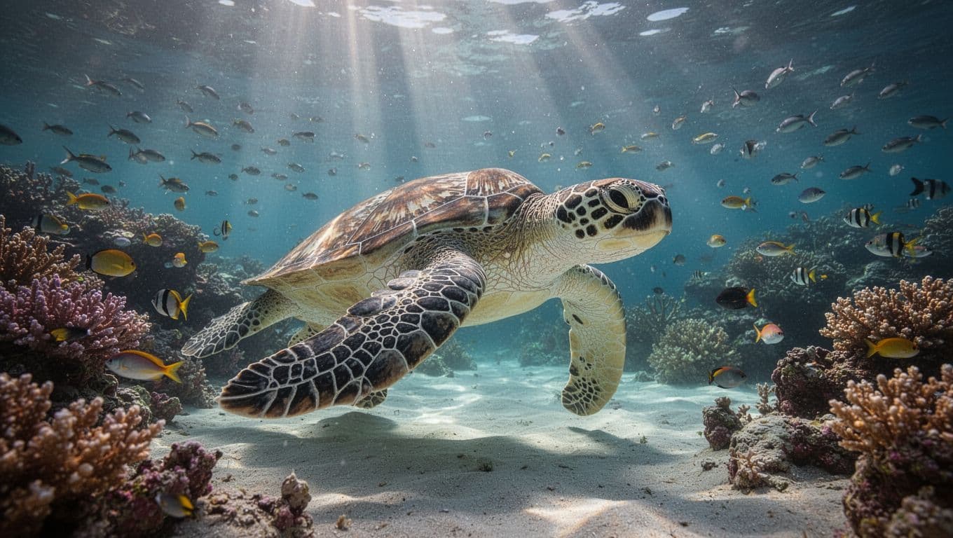 Close-up of a Hawaiian green sea turtle swimming slowly near colorful coral reef in shallow clear Oahu waters, with sunlight filtering through creating dramatic beams and schools of small tropical fish.