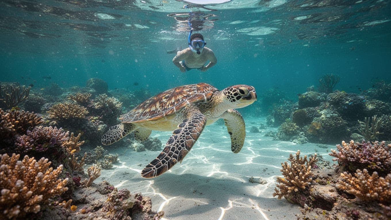 Hawaiian green sea turtle gliding gracefully near vibrant coral reef in crystal-clear turquoise ocean waters off Oahu's coast, with sunlight rays creating dramatic caustics and a snorkeler observing from above.