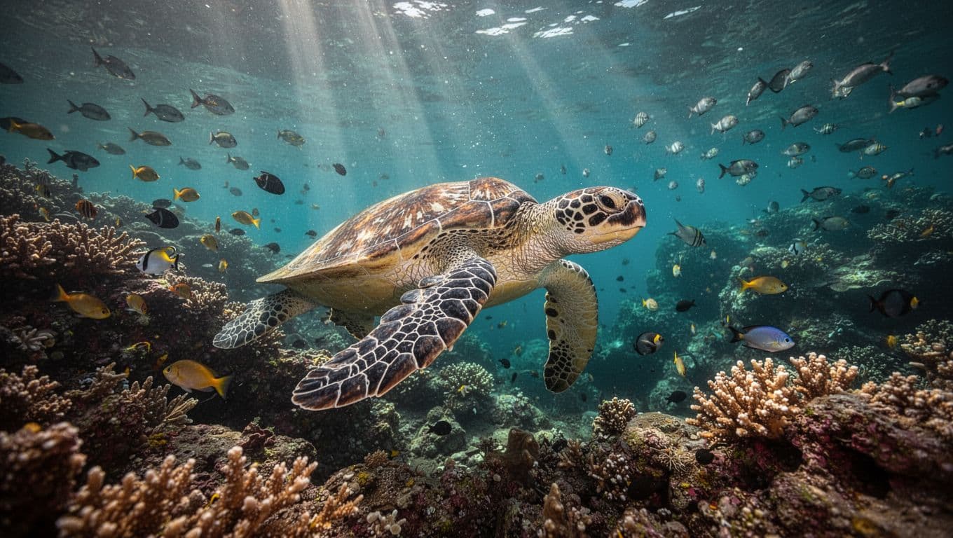 Underwater view at Turtle Canyon Oahu featuring a Hawaiian green sea turtle gliding past vibrant coral reef in clear turquoise water with sunlight beams and tropical fish.