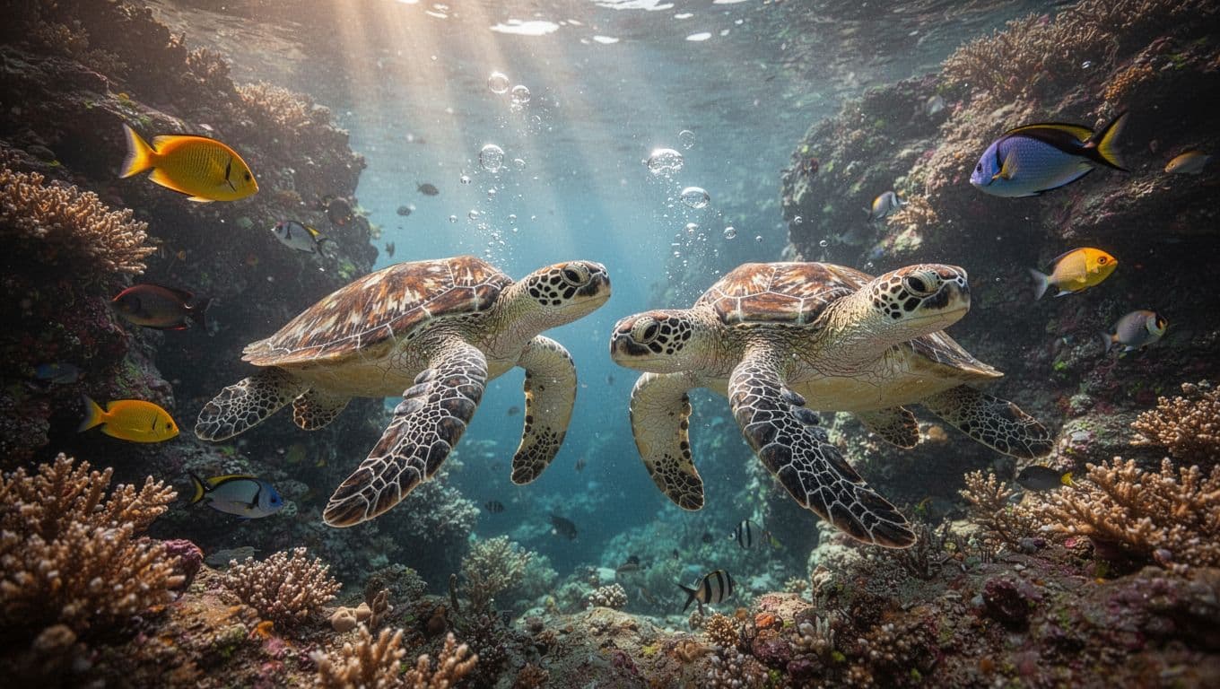 Two green sea turtles swim near coral reef with colorful fish, sun rays through clear water and bubbles above.