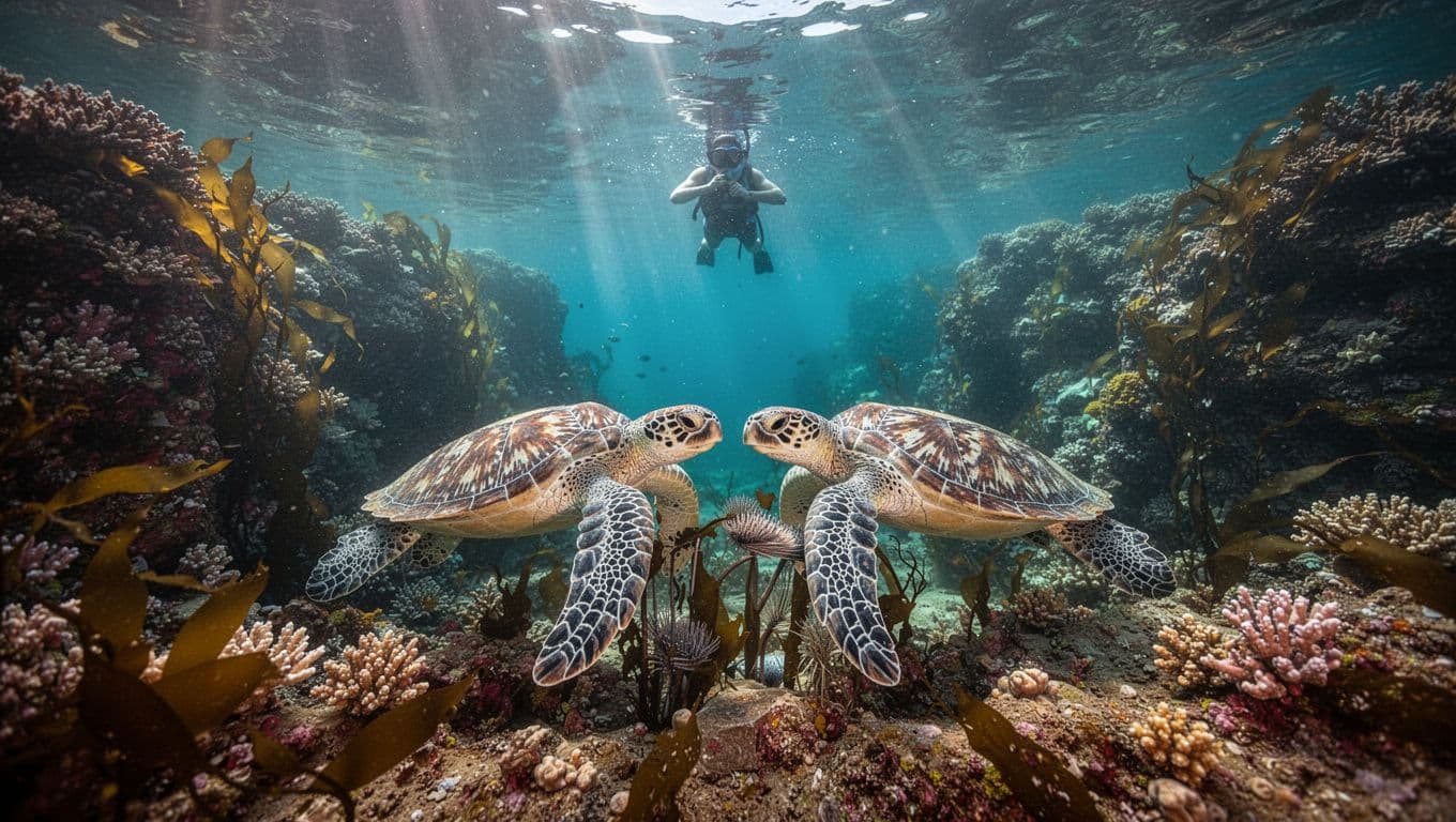 Two Hawaiian green sea turtles at a natural underwater cleaning station in Turtle Canyon off Oahu's coast, surrounded by clear turquoise water and vibrant coral reef, with one snorkeler observing from the surface.