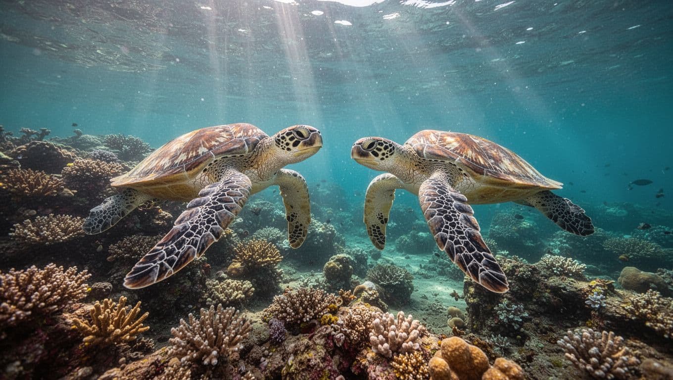 Two Hawaiian green sea turtles gliding near a vibrant coral reef in clear turquoise water off Oahu's coast, sunlight rays piercing the surface creating dramatic depth, cinematic style strong contrast dramatic underwater lighting, natural composition wide angle, no humans no boats no additional animals, no text no watermarks