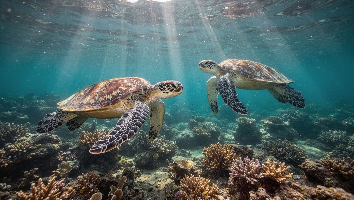 Two green sea turtles swim over vibrant coral reef in clear turquoise water.