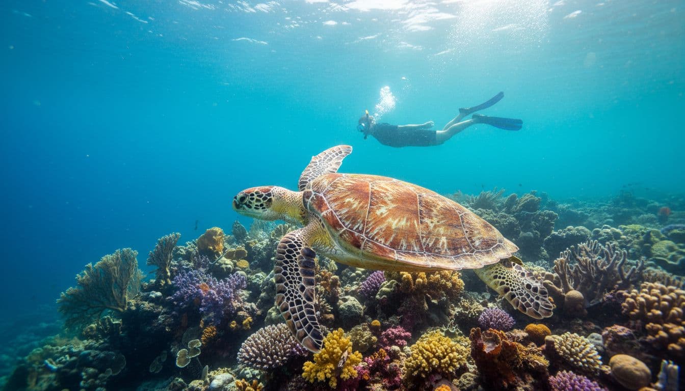 Hawaiian green sea turtle glides near coral in clear turquoise water, snorkeler observes from distance.