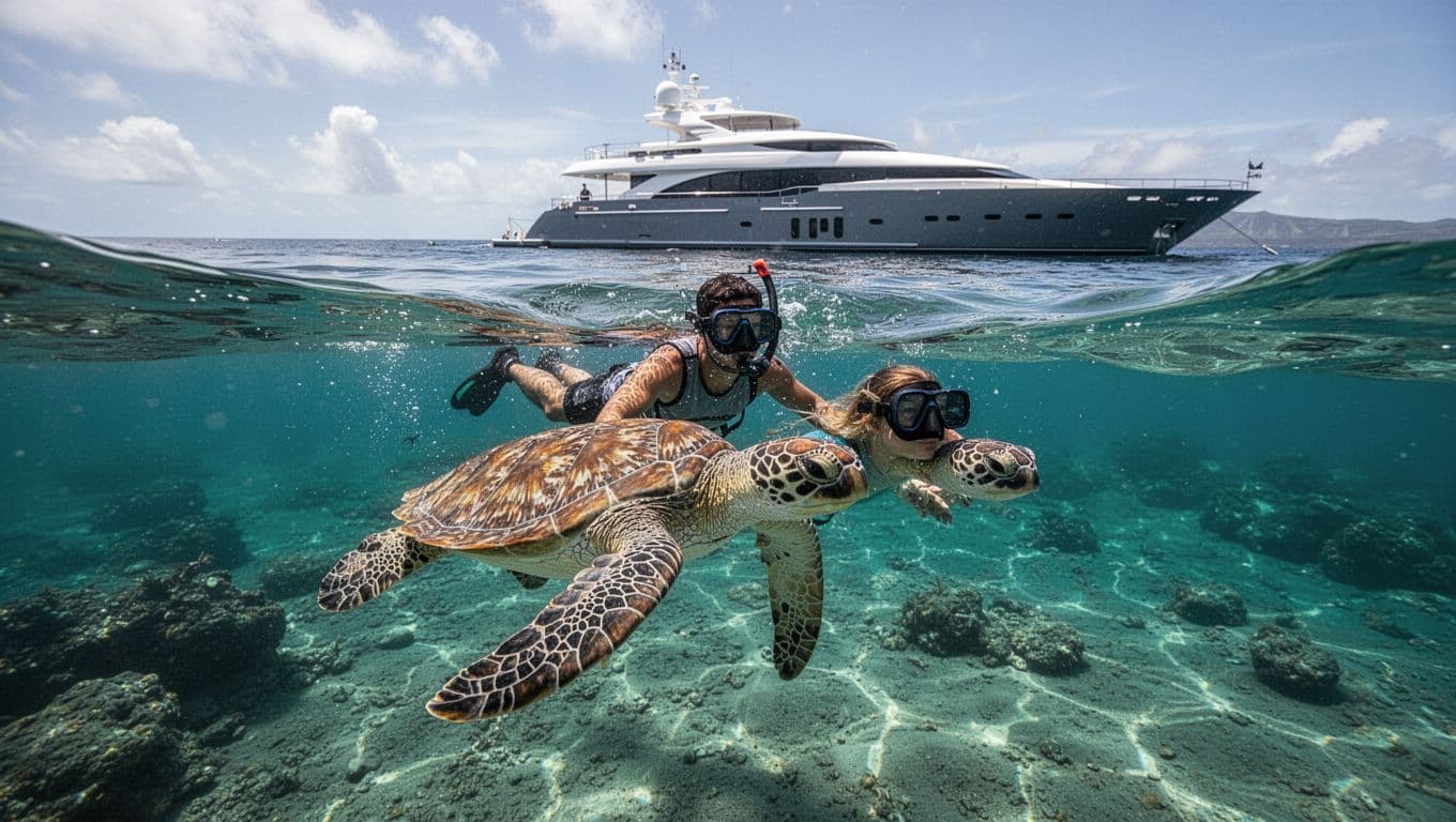 Intimate group of six guests snorkeling with two Hawaiian green sea turtles from a private luxury yacht near Oahu's Turtle Canyon in calm turquoise waters, cinematic style with dramatic sunlight.