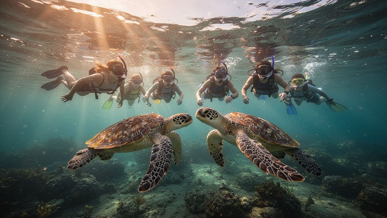 Six snorkelers in a small group swim near two Hawaiian green sea turtles in clear turquoise waters off Oahu's Turtle Canyon on a sunny tropical day, captured in a cinematic wide underwater and surface view.