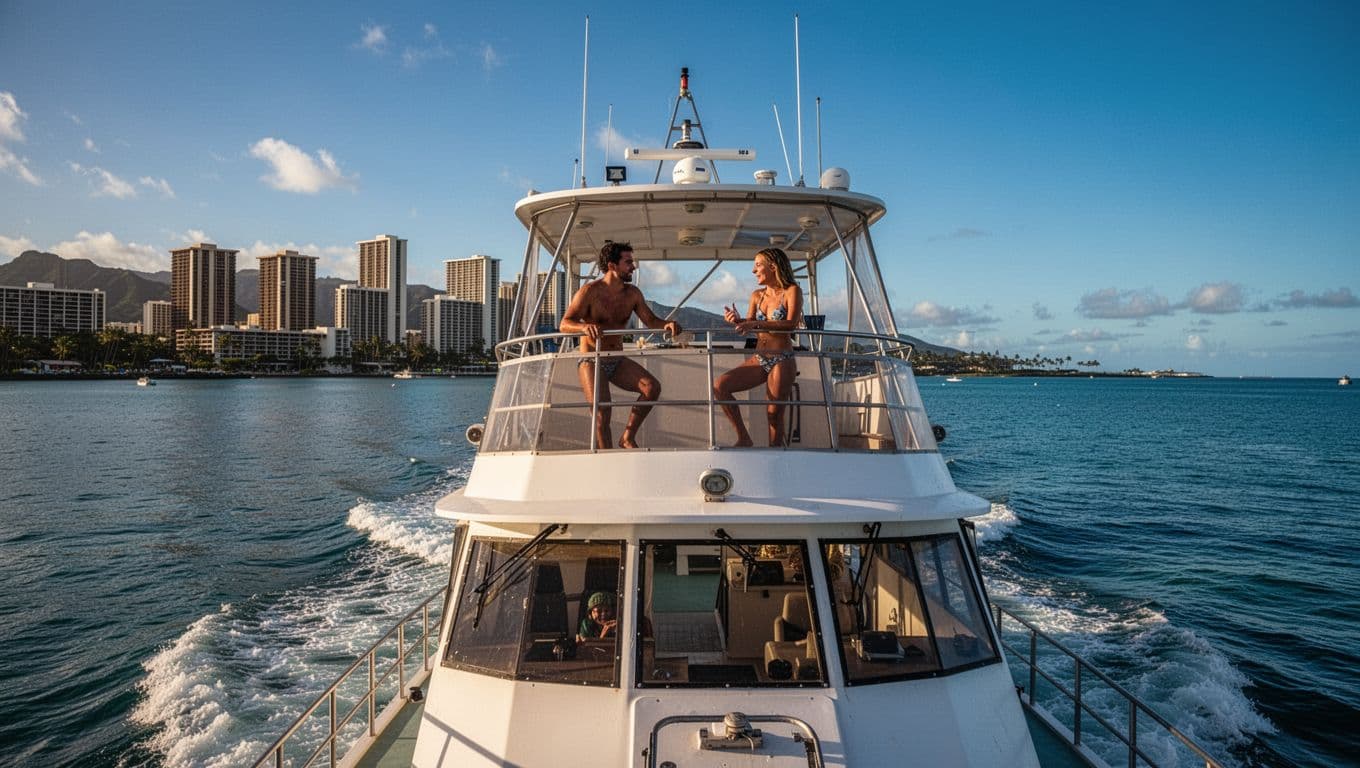 Double-decker boat departs Kewalo Basin toward Turtle Canyon on calm Oahu waters, Waikiki skyline behind, two passengers on upper deck in swimsuits preparing snorkel gear.