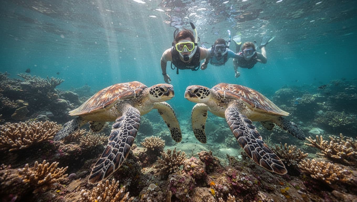 Hawaiian green sea turtles glide gracefully near a vibrant coral reef in the crystal-clear turquoise waters of Turtle Canyon off Oahu, Hawaii, observed closely by one snorkeler from above without touching. Sunlight rays filter through the water, enhancing depth and natural underwater colors in a cinematic style.