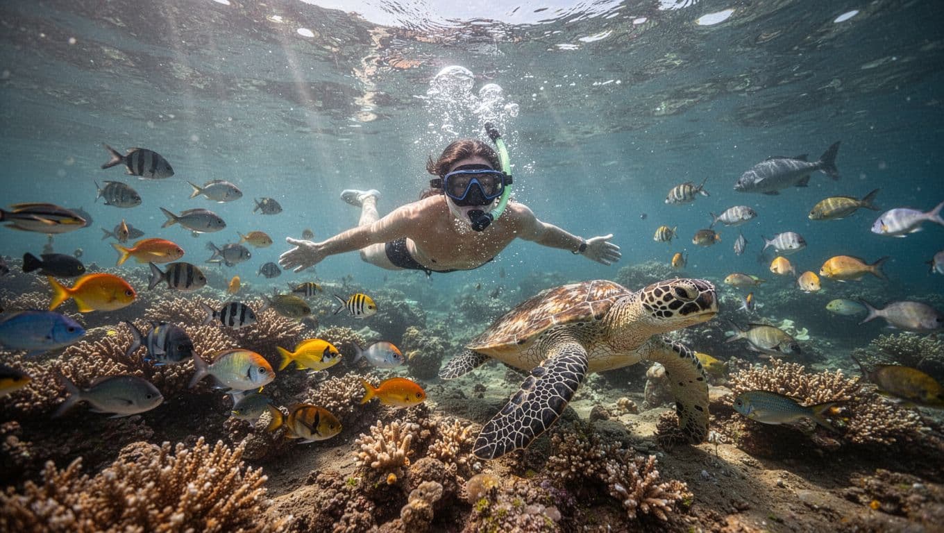 A snorkeler in clear Oahu waters above a vibrant coral reef teeming with reef fish and a Hawaiian green sea turtle gliding nearby, surface view with mask in water, bubbles, and sunlight rays.