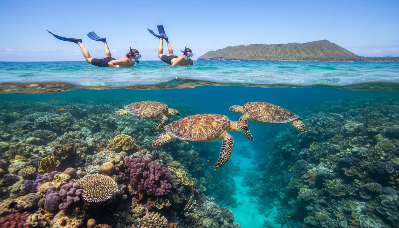 Three snorkelers in snorkel masks and fins swim calmly near two Hawaiian green sea turtles in clear turquoise waters at an underwater canyon off Oahu, with vibrant coral reef below and distant coastline on a sunny day.