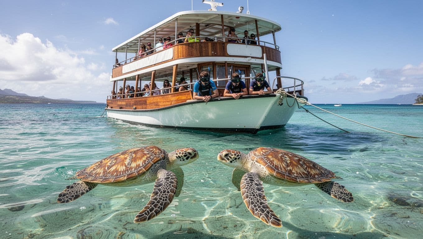 Double-decker tour boat anchored in turquoise waters off Oahu, two green sea turtles swimming nearby, two snorkelers in clear water.