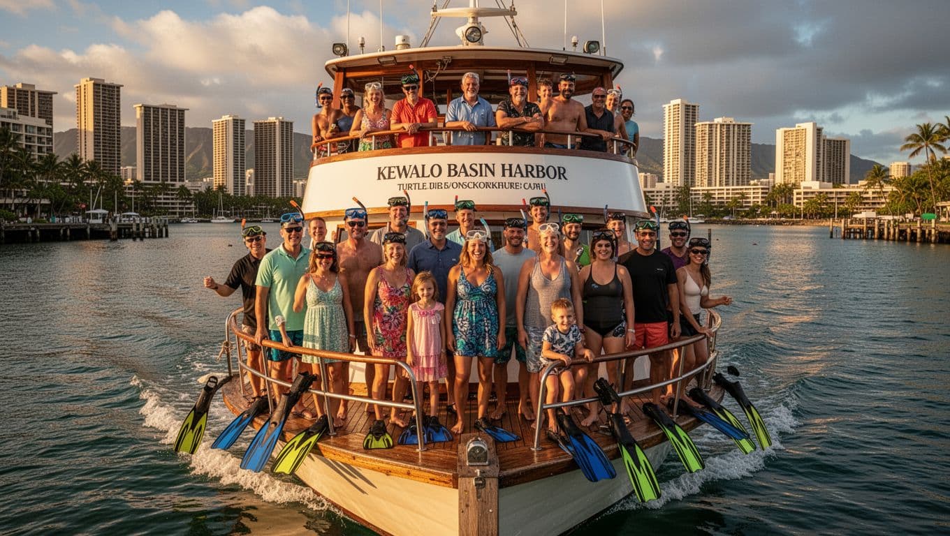A lively crowd of 25 diverse tourists including families gathers excitedly on a double-decker boat departing Kewalo Basin Harbor for turtle snorkeling off Oahu, with the Waikiki skyline glowing in the golden hour light.
