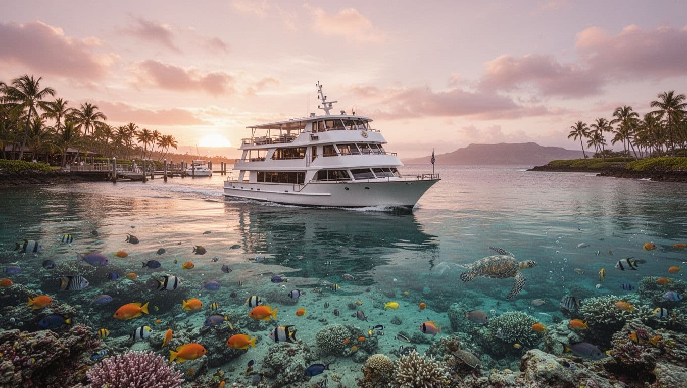 Early morning calm turquoise ocean off Oahu's Waikiki coast reveals vibrant coral reef with colorful fish and distant sea turtle; luxury boat departs harbor amid palm trees and golden-pink sunrise.