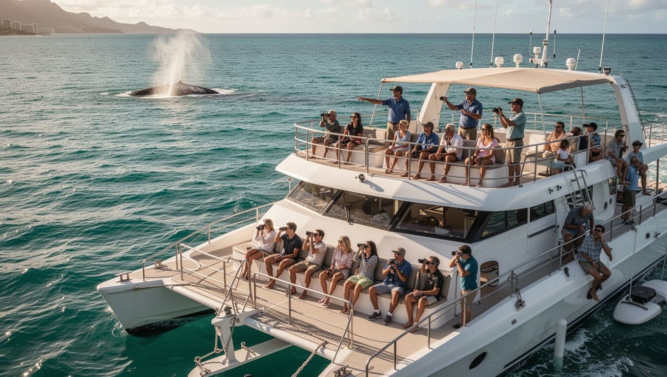 Double-decker catamaran cruises calm Oahu waters near Waikiki with families and couples quietly observing distant humpback whales using binoculars on the upper deck, guided by professionals in shaded seating.