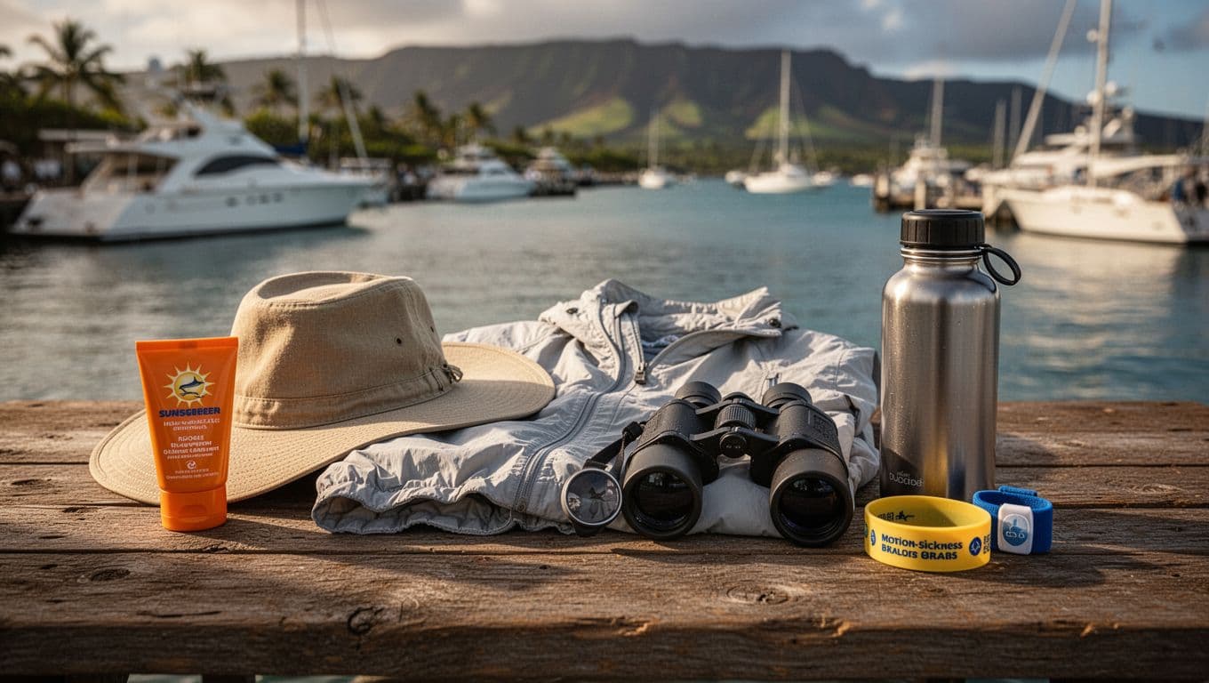 Neatly arranged sunscreen, hat, jacket, binoculars, water bottle, and wristbands on wooden table with blurred harbor background.