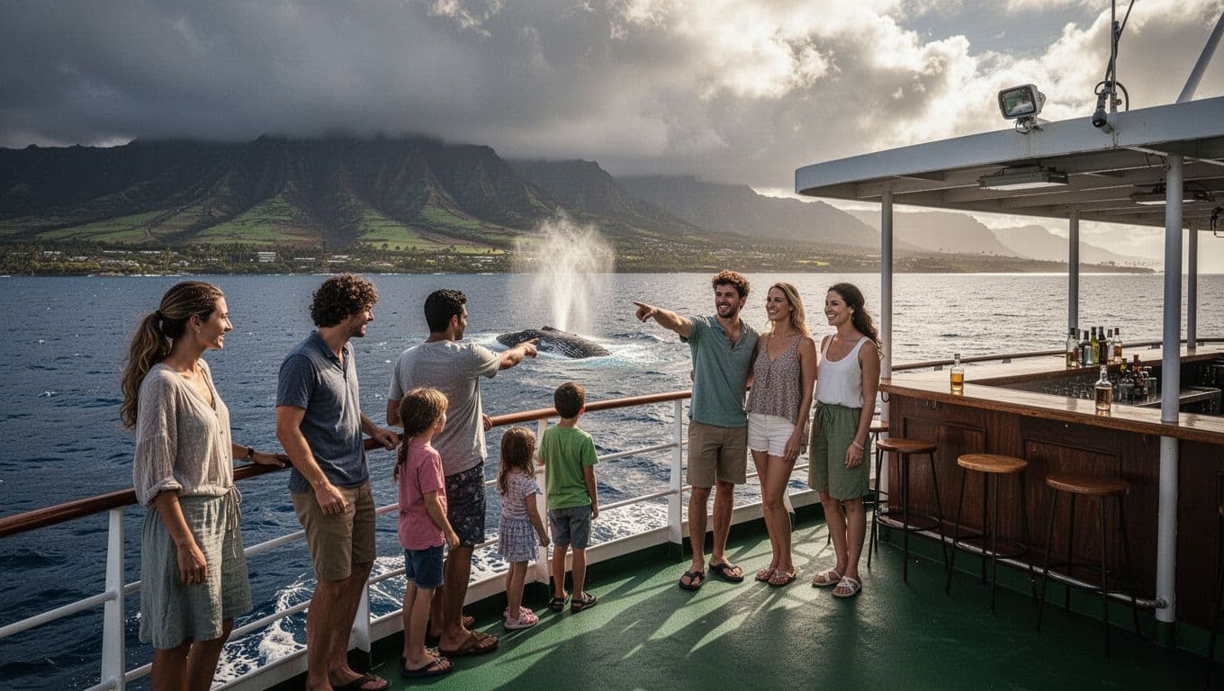 Six people on double-decker boat deck point at distant humpback whale spout, shaded bar nearby, Oahu coastline background.