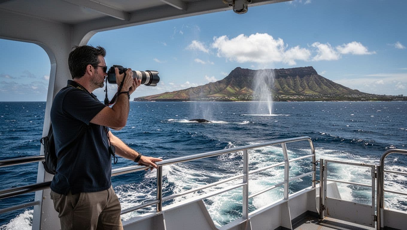 A photographer stands relaxed on the upper deck of a double-decker boat during an Oahu whale watching tour near Waikiki, holding a DSLR with telephoto lens aimed at a distant whale spout, with Diamond Head in the background under dramatic midday lighting.