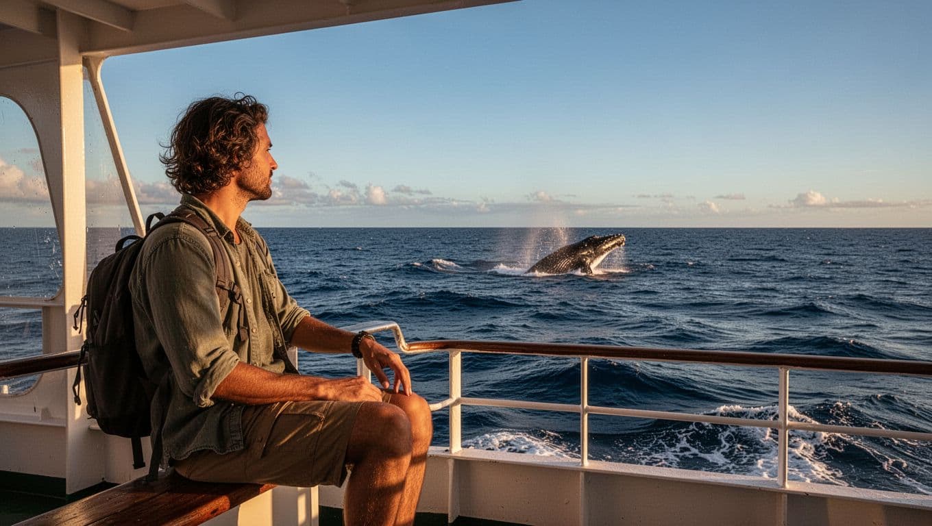 Solo traveler stands relaxed on double-decker boat deck off Oahu, watching distant breaching humpback whales.
