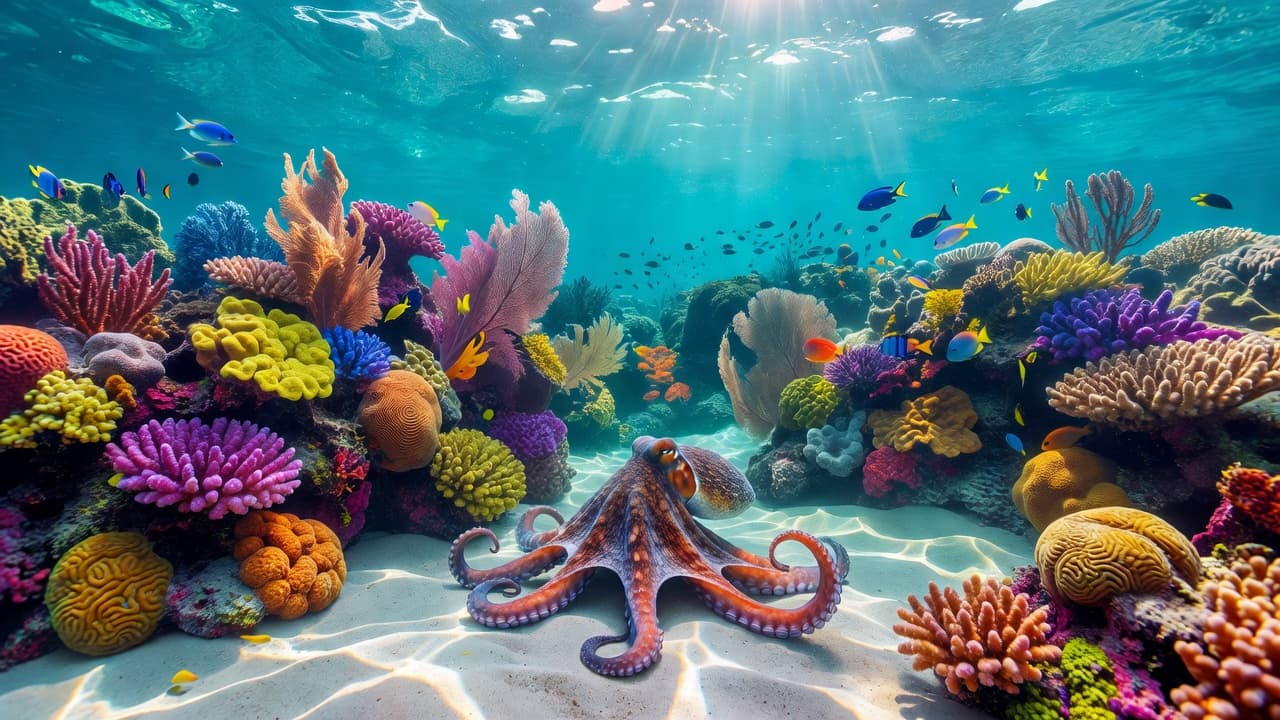 An octopus rests on a colorful coral reef in clear turquoise water.