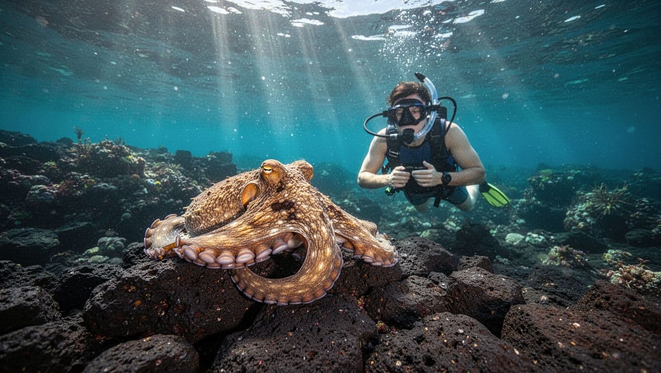 A snorkeler watches a camouflaged octopus resting on a dark underwater rock.