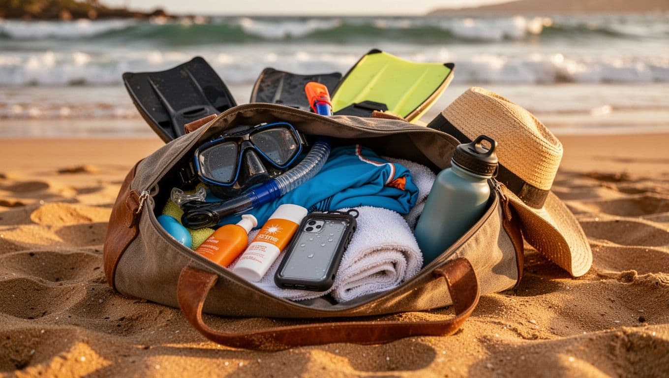Close-up of an open beach bag on Waikiki sand packed with snorkel mask, fins, rash guard, towel, sunscreen, waterproof phone case, hat, and reusable water bottle, with ocean waves in soft-focus background under dramatic golden hour lighting.