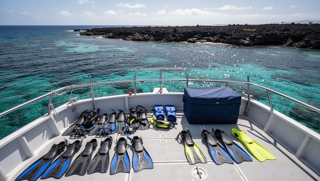 Snorkel gear and a covered cooler arranged on a boat above turquoise Kona waters.