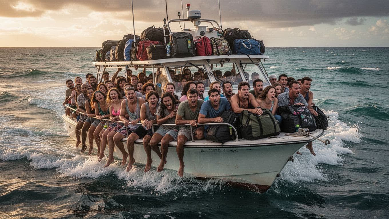 Overcrowded tourist boat battling choppy Waikiki ocean waters near Honolulu, with dozens of frustrated passengers squeezed tightly on deck, bags piled everywhere, captured in a cinematic medium side shot with dramatic sunset lighting.